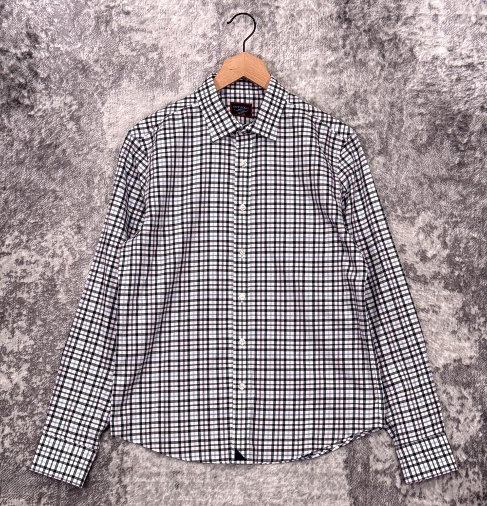 Untuckit Shirt Medium Mens Slim Fit Wrinkle Free Blue Check Button Down
